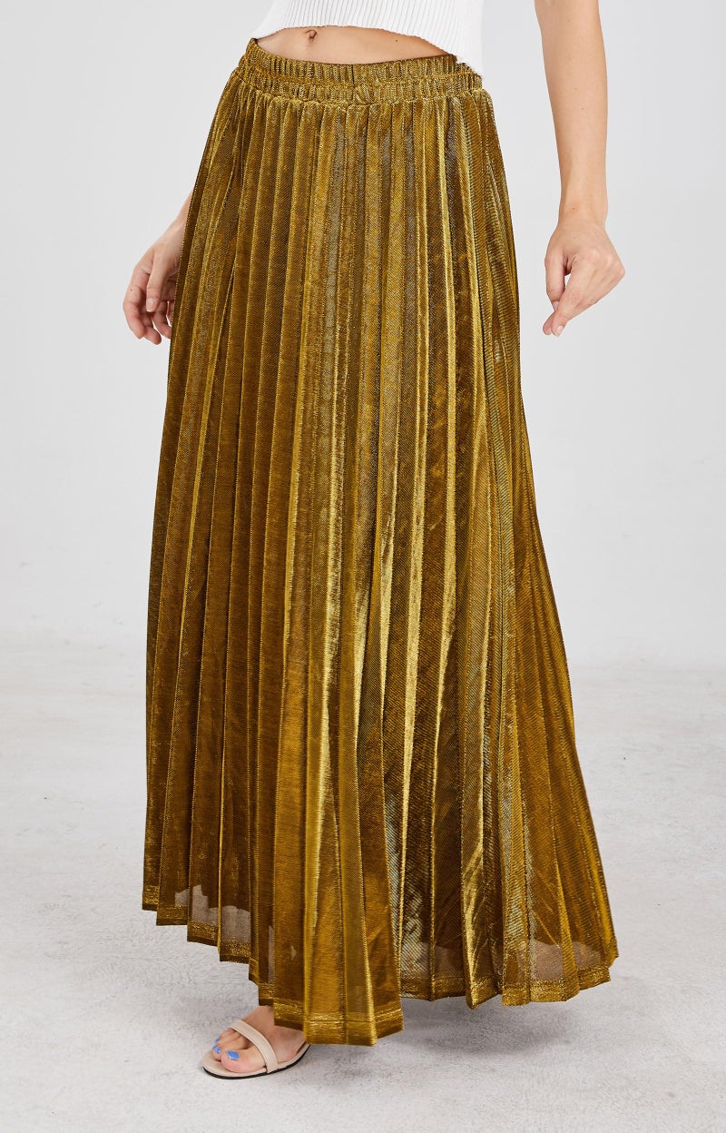 CHARTOU Women's Premium Metallic Shiny Shimmer Accordion Pleated Long Maxi Skirt (Small, Gold) - Image 3